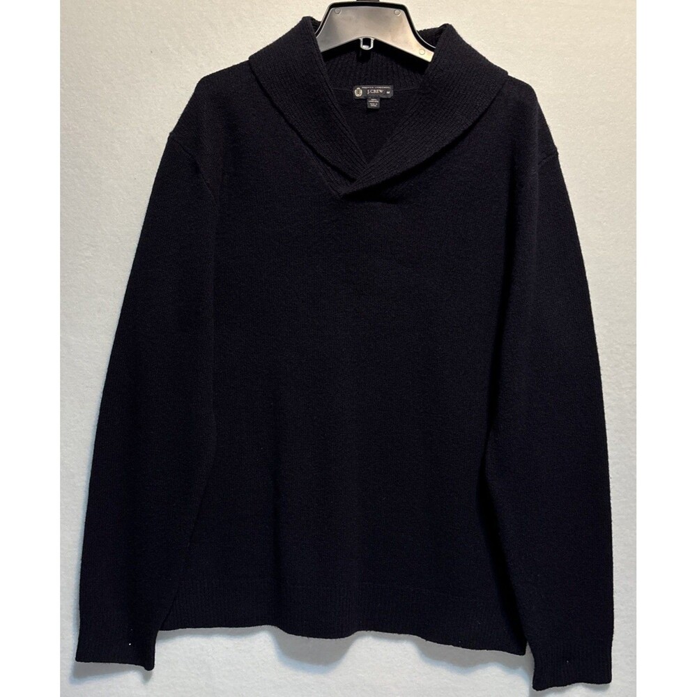 J Crew Mens Premium 100% Lambswool Shawl Neck Marled Navy Blue Sweater Size M